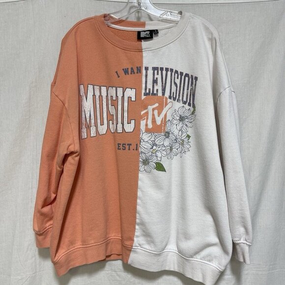 MTV Tops - MTV Sweatshirt Medium Spliced Split Retro Crew Neck Pullover Music Floral Peach